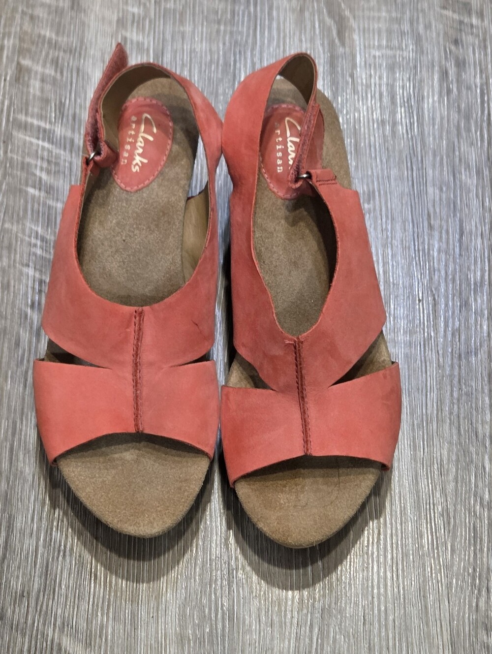 Clarks Rosamund Dune Coral Suede Hook And Loop Cork Wedge Sandal 9M